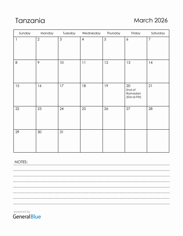 March 2026 Tanzania Calendar with Holidays (Sunday Start)