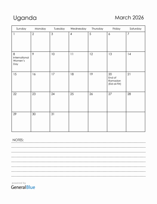 March 2026 Uganda Calendar with Holidays (Sunday Start)