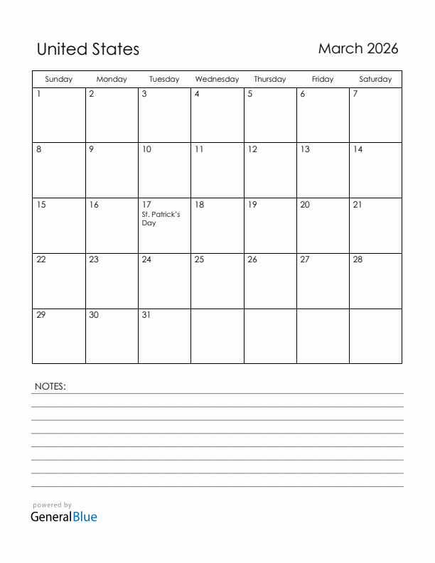 March 2026 United States Calendar with Holidays (Sunday Start)