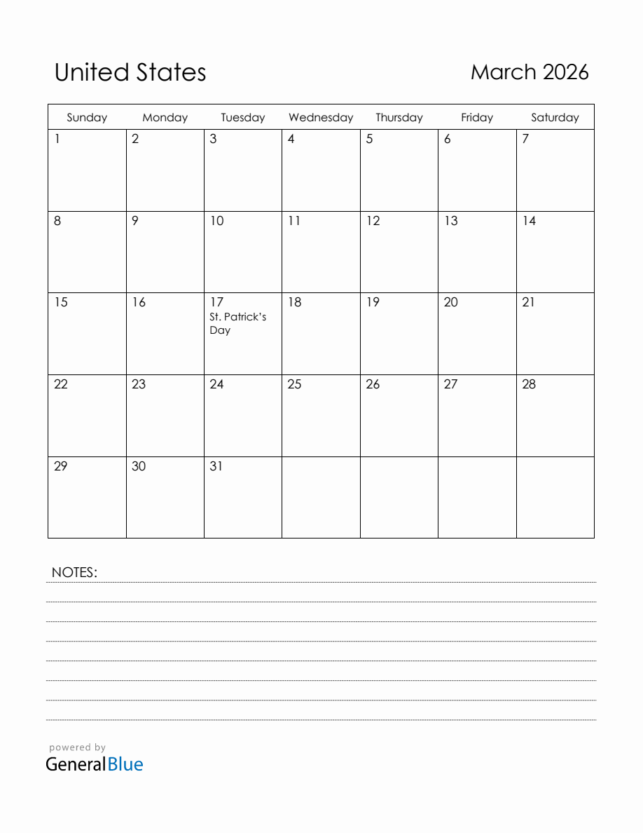 March 2026 United States Calendar with Holidays