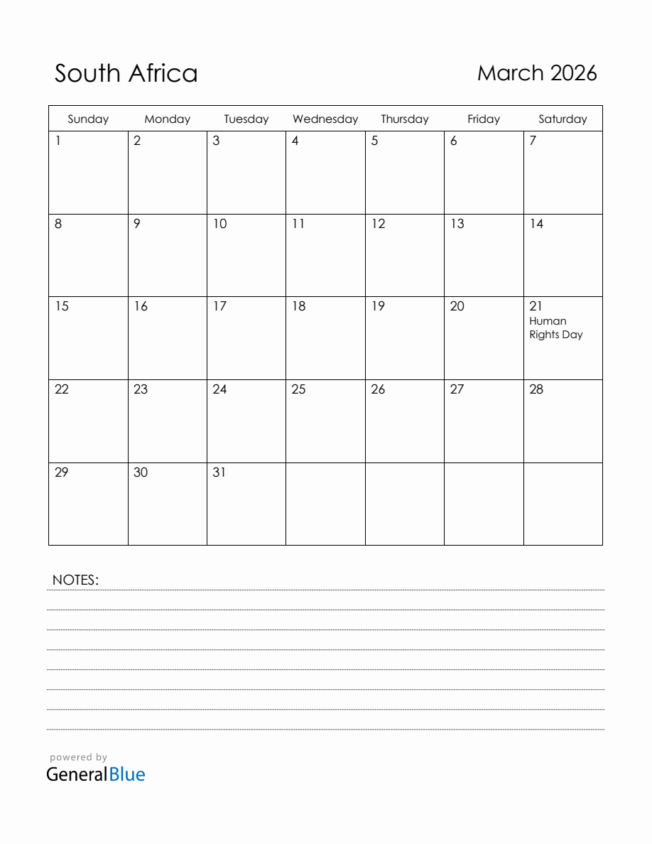 March 2026 South Africa Calendar with Holidays