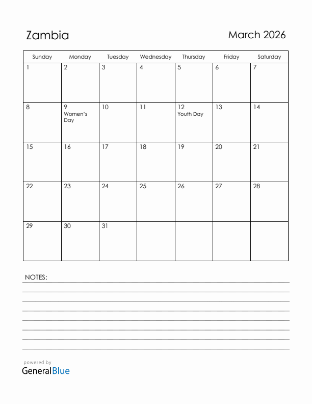 March 2026 Zambia Calendar with Holidays (Sunday Start)