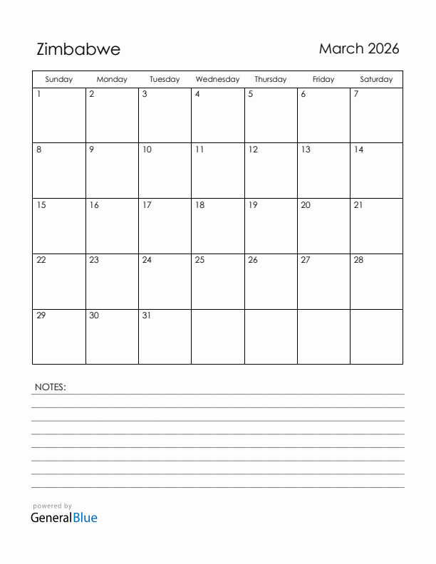 March 2026 Zimbabwe Calendar with Holidays (Sunday Start)