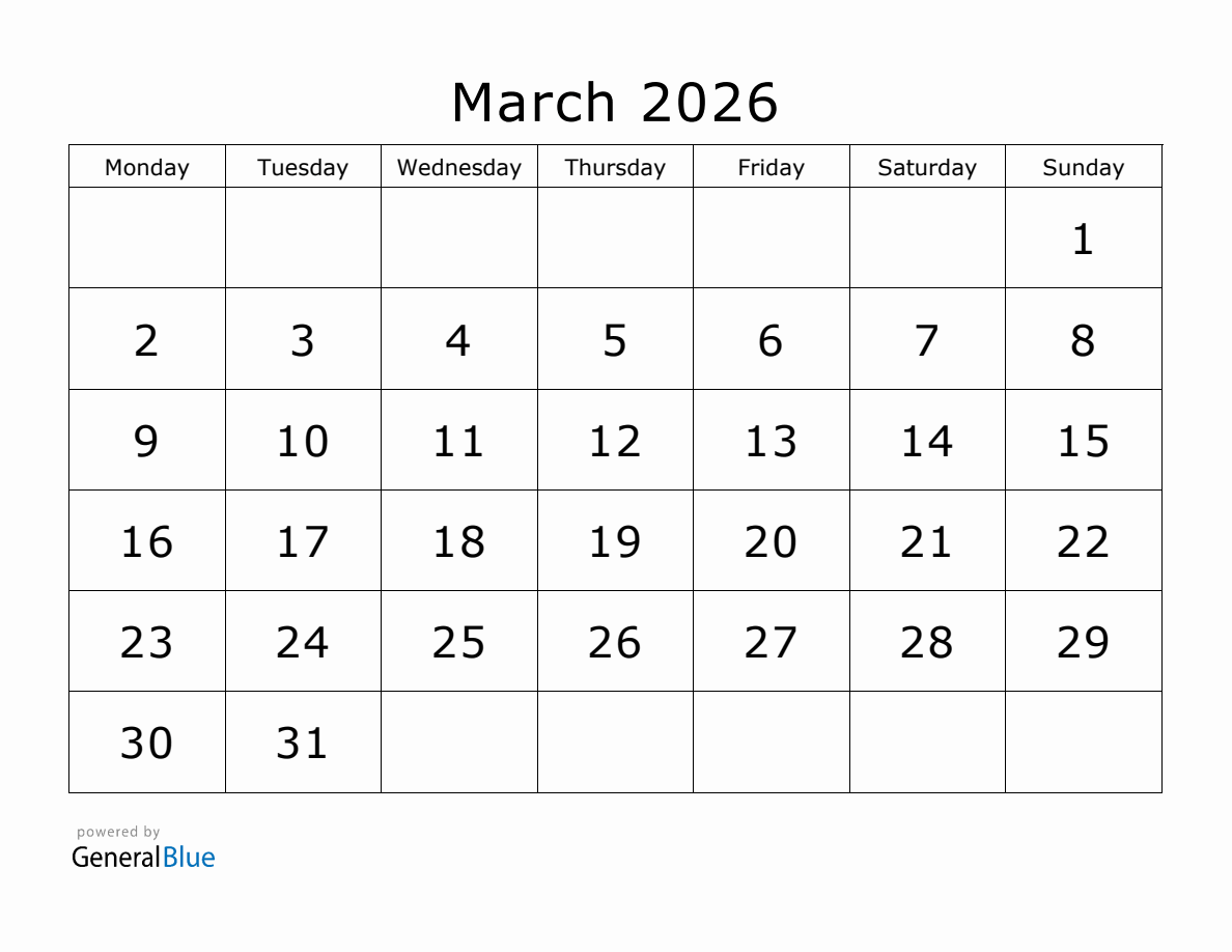 Printable March 2026 Calendar