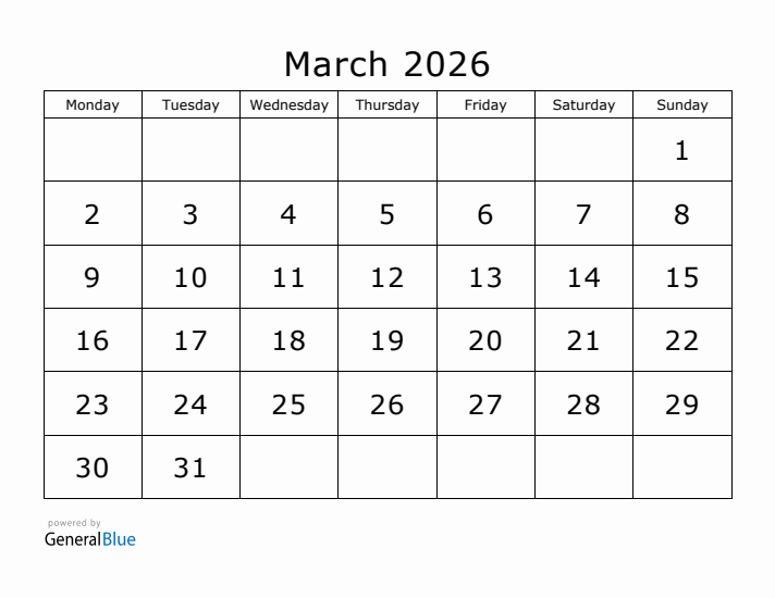 Printable March 2026 Calendar - Monday Start