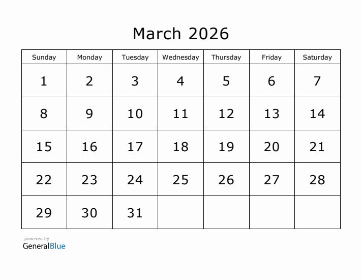Printable March 2026 Calendar - Sunday Start
