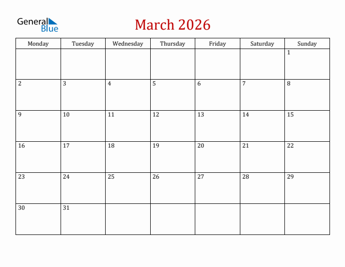 Blank March 2026 Calendar with Monday Start