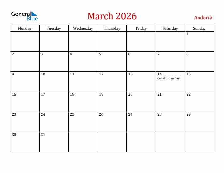 Andorra March 2026 Calendar - Monday Start