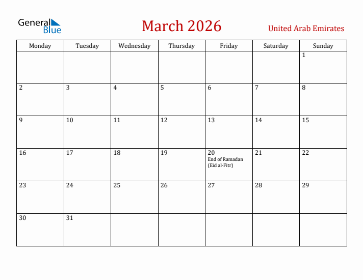 United Arab Emirates March 2026 Calendar - Monday Start