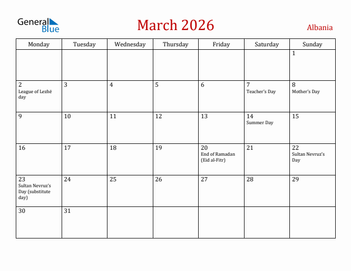 Albania March 2026 Calendar - Monday Start
