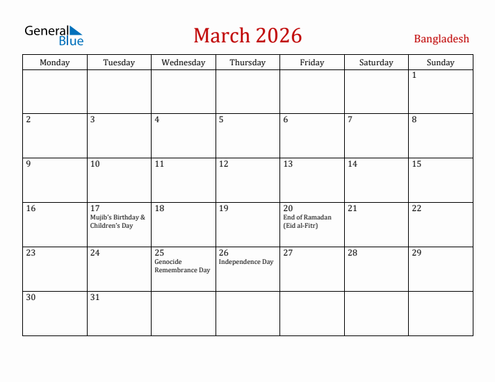Bangladesh March 2026 Calendar - Monday Start