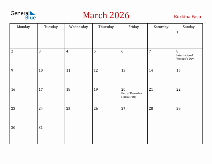 Burkina Faso March 2026 Calendar - Monday Start