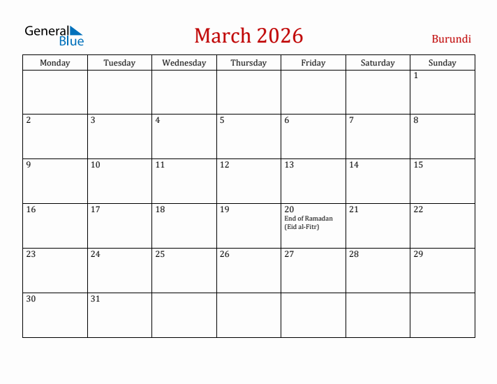 Burundi March 2026 Calendar - Monday Start