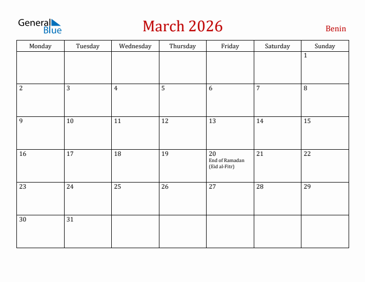 Benin March 2026 Calendar - Monday Start