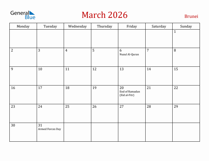 Brunei March 2026 Calendar - Monday Start