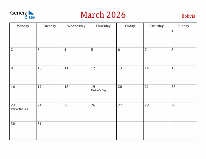 Bolivia March 2026 Calendar - Monday Start