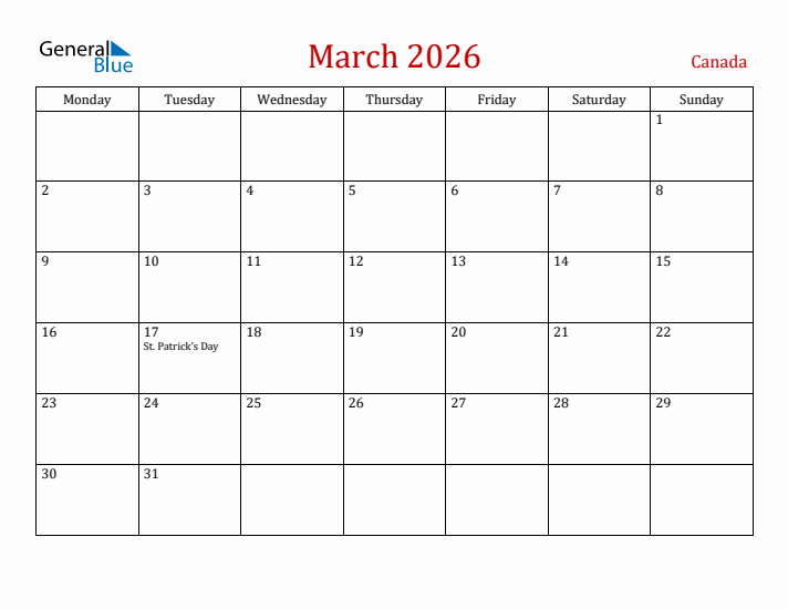 Canada March 2026 Calendar - Monday Start