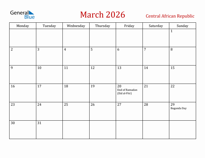 Central African Republic March 2026 Calendar - Monday Start