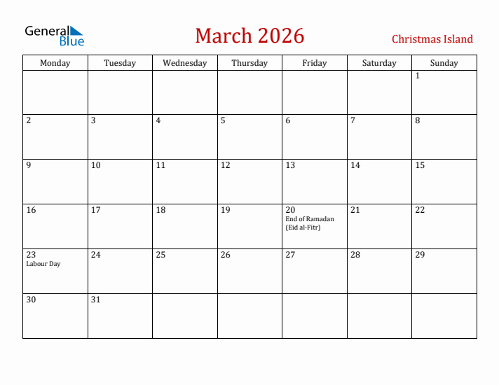 Christmas Island March 2026 Calendar - Monday Start
