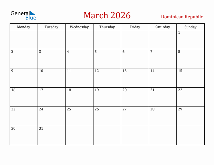 Dominican Republic March 2026 Calendar - Monday Start