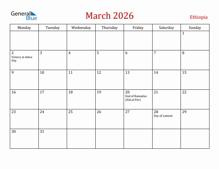 Ethiopia March 2026 Calendar - Monday Start