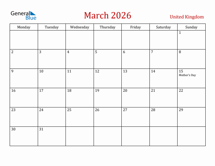 United Kingdom March 2026 Calendar - Monday Start