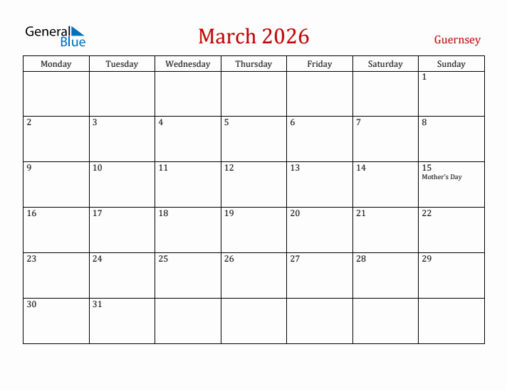 Guernsey March 2026 Calendar - Monday Start