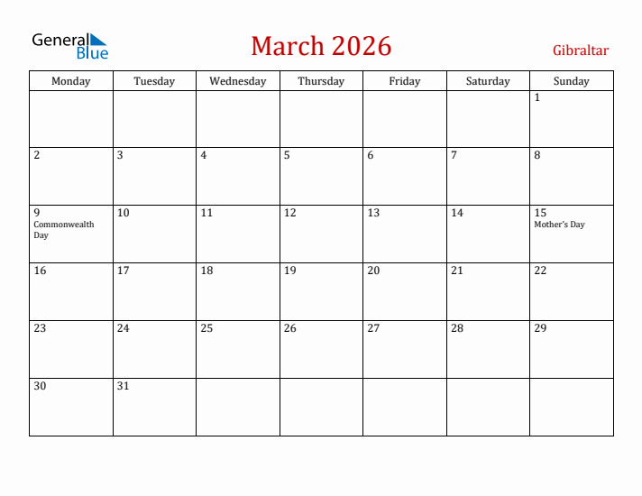 Gibraltar March 2026 Calendar - Monday Start