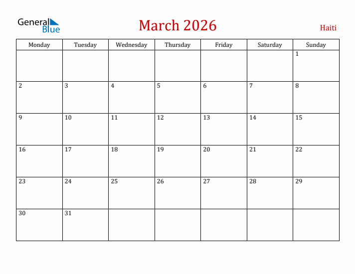 Haiti March 2026 Calendar - Monday Start