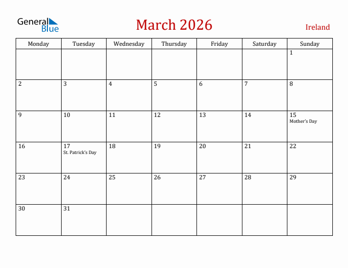 Ireland March 2026 Calendar - Monday Start