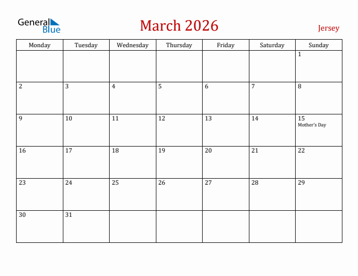 Jersey March 2026 Calendar - Monday Start