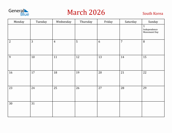 South Korea March 2026 Calendar - Monday Start