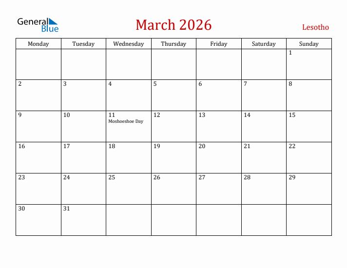 Lesotho March 2026 Calendar - Monday Start
