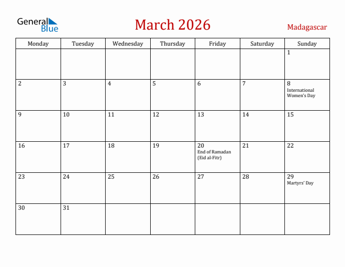 Madagascar March 2026 Calendar - Monday Start