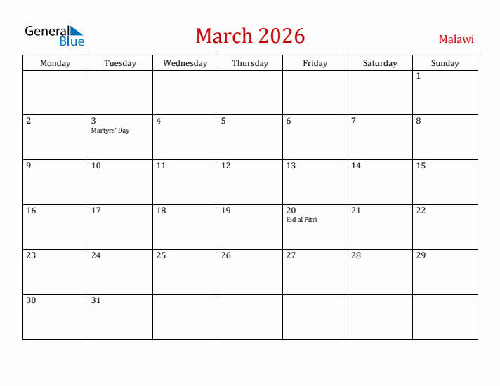 Malawi March 2026 Calendar - Monday Start