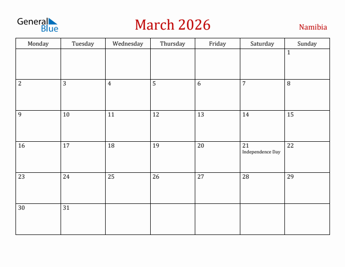 Namibia March 2026 Calendar - Monday Start