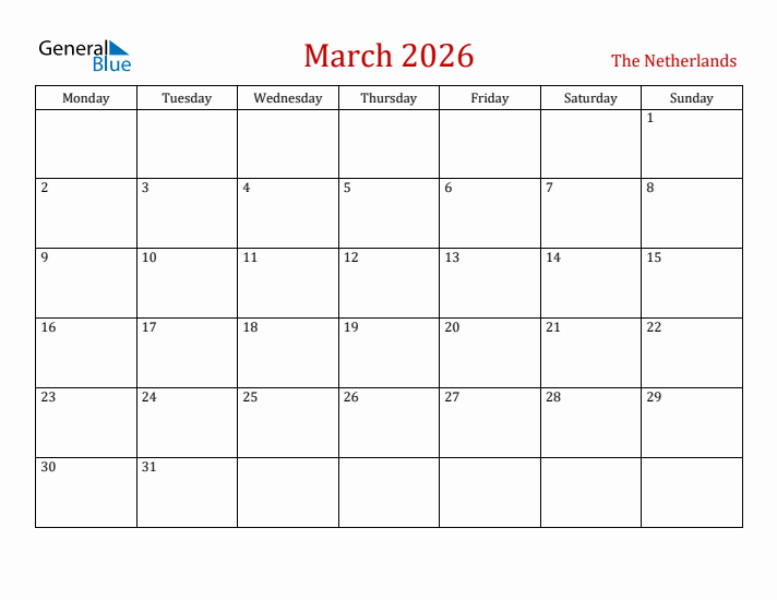 The Netherlands March 2026 Calendar - Monday Start