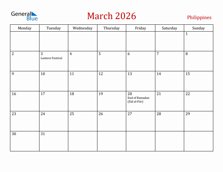 Philippines March 2026 Calendar - Monday Start
