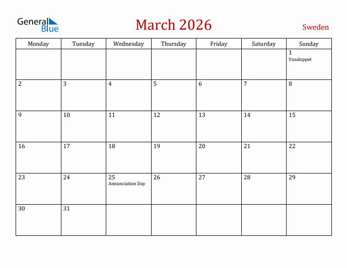 Sweden March 2026 Calendar - Monday Start