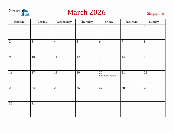 Singapore March 2026 Calendar - Monday Start