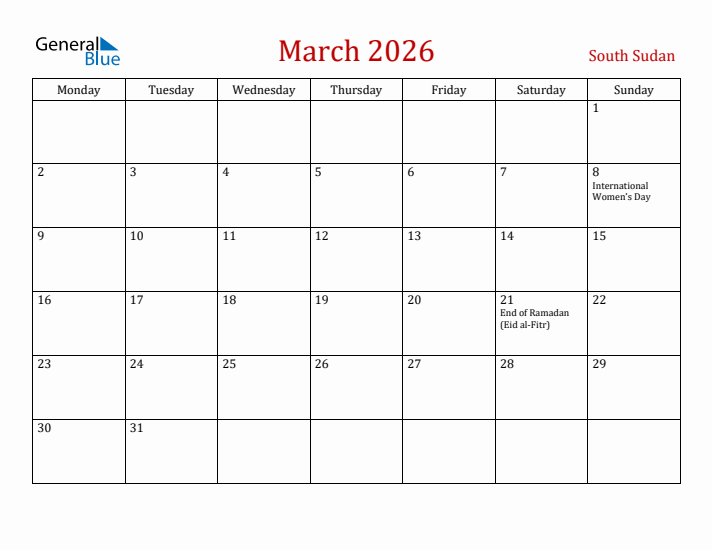 South Sudan March 2026 Calendar - Monday Start