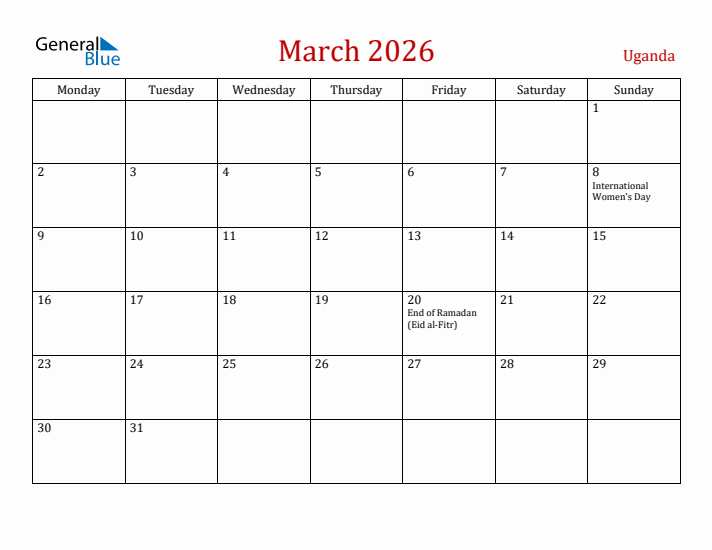 Uganda March 2026 Calendar - Monday Start