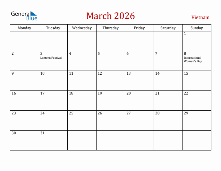 Vietnam March 2026 Calendar - Monday Start