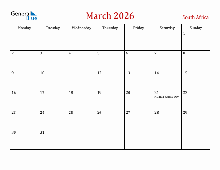South Africa March 2026 Calendar - Monday Start