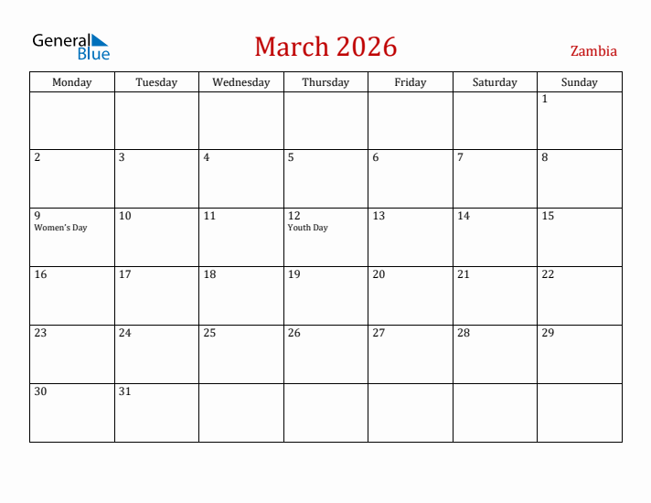 Zambia March 2026 Calendar - Monday Start