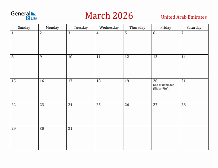 United Arab Emirates March 2026 Calendar - Sunday Start