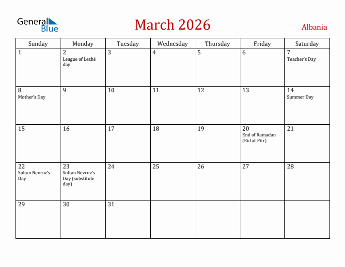 Albania March 2026 Calendar - Sunday Start