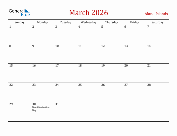 Aland Islands March 2026 Calendar - Sunday Start