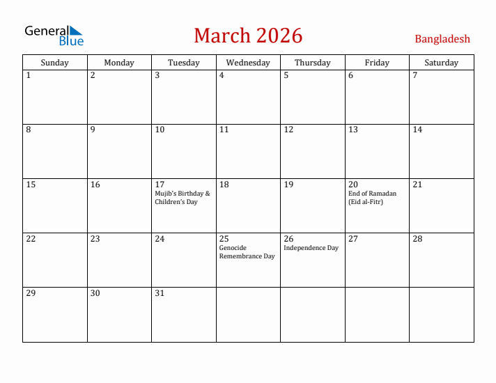 Bangladesh March 2026 Calendar - Sunday Start