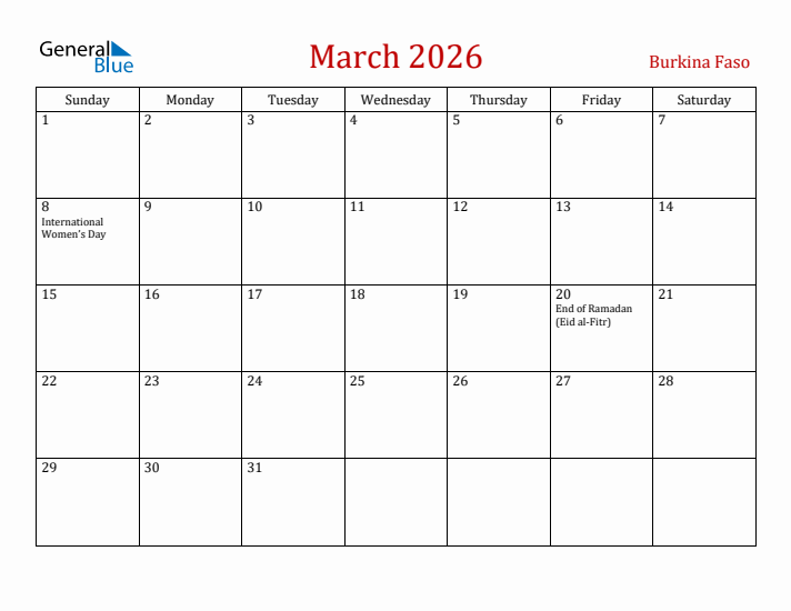 Burkina Faso March 2026 Calendar - Sunday Start